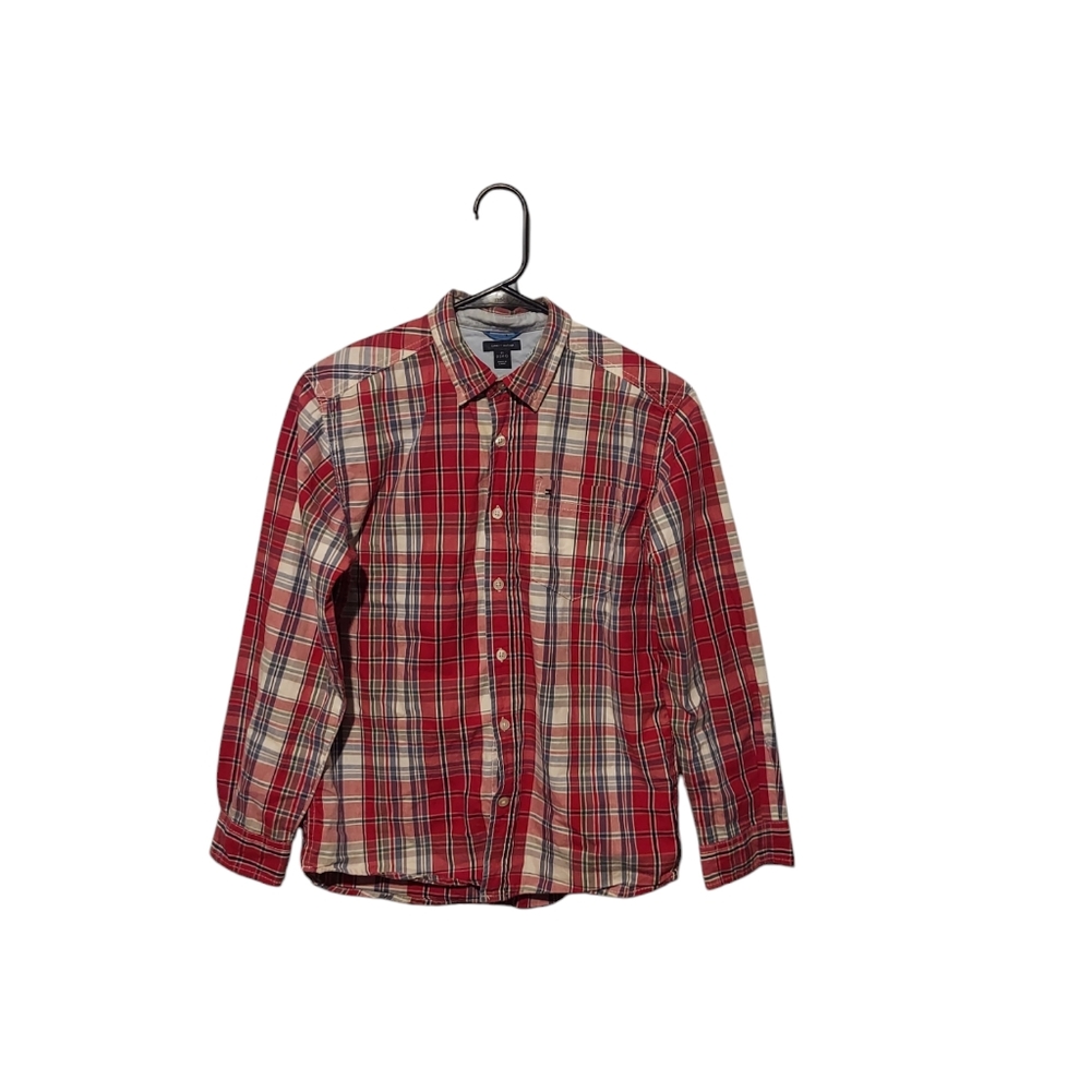 Tommy Hilfiger Plaid Shirt Size Medium 12/14 Boys Long Sleeve Red Blue Christmas
